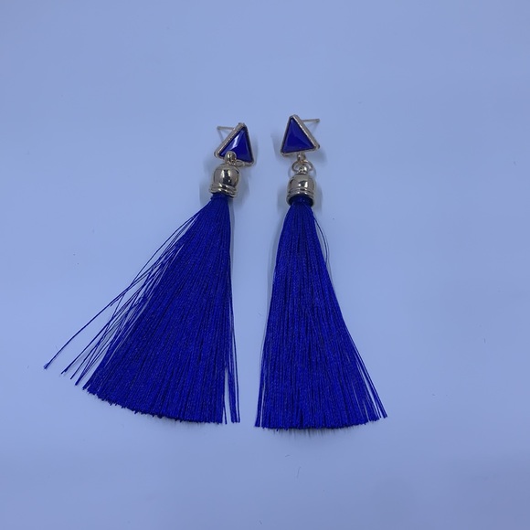 Blue Boho Long Triangle Tassel Drop Earrings - Picture 3 of 5